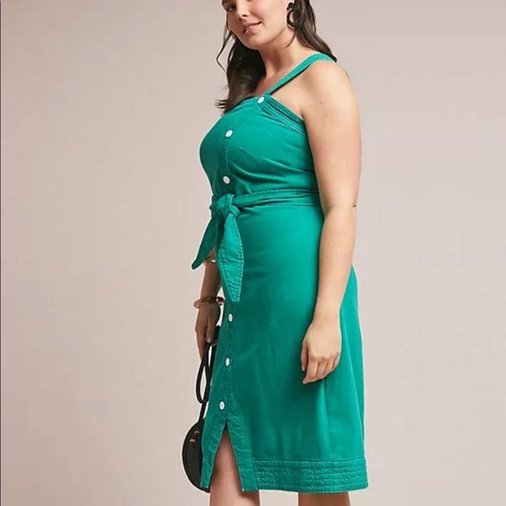 Anthropologie Green Tie-Waist Button-Front Midi Dress - Picture 2 of 6